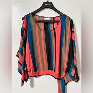 Umgee USA Striped Grommet-Neck Tie-Hem Blouse Sz S Boho Chic Festival Top